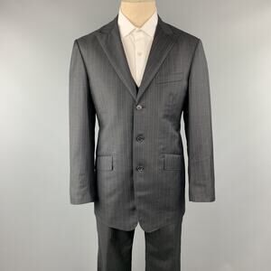 DAVID AUGUST Size 40 Charcoal & Blue Stripe Wool Notch Lapel 34 x 30 Suit